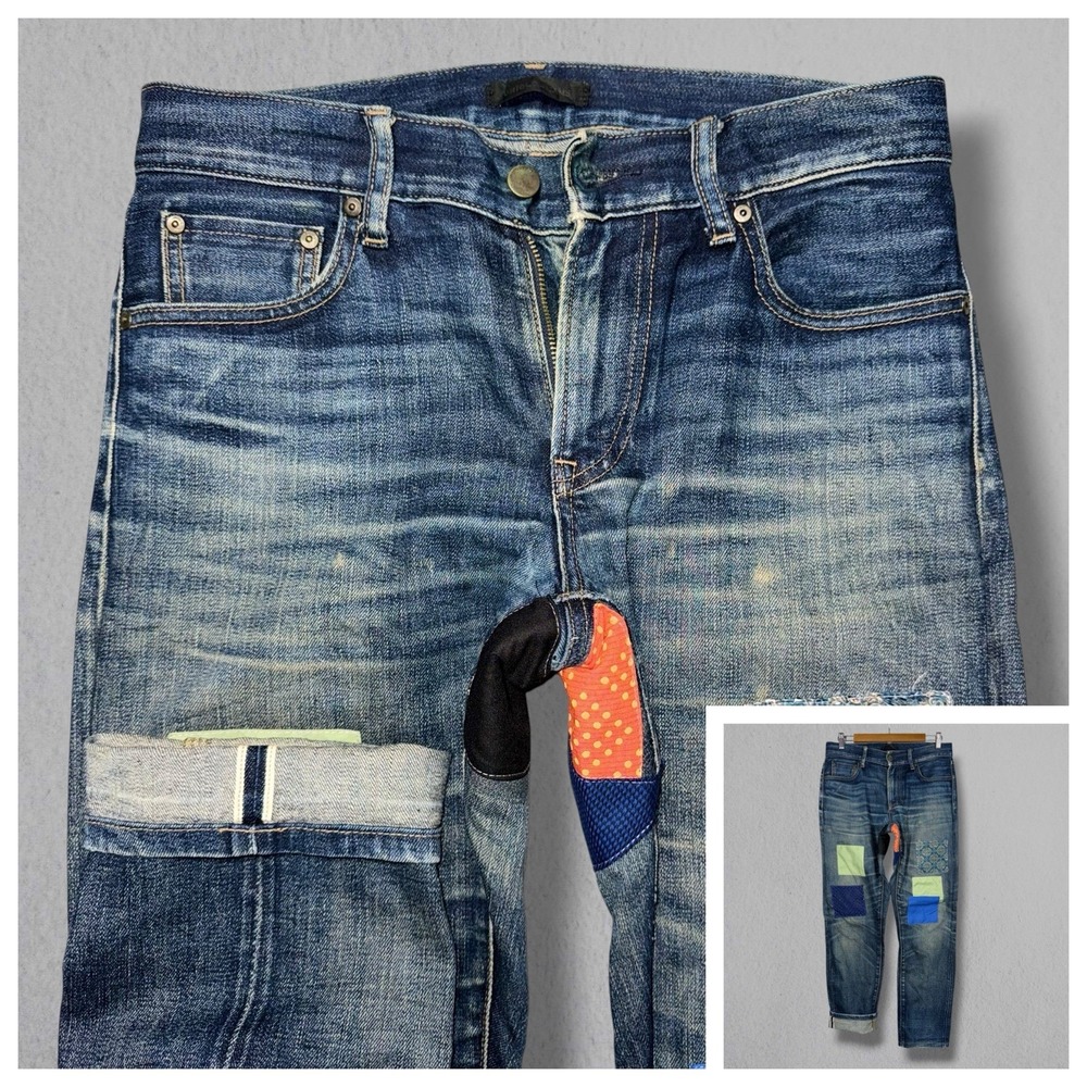 Uniqlo Japanese Kaihara Selvedge Jeans Men 29x30 Stretch Patched Faded Whiskered